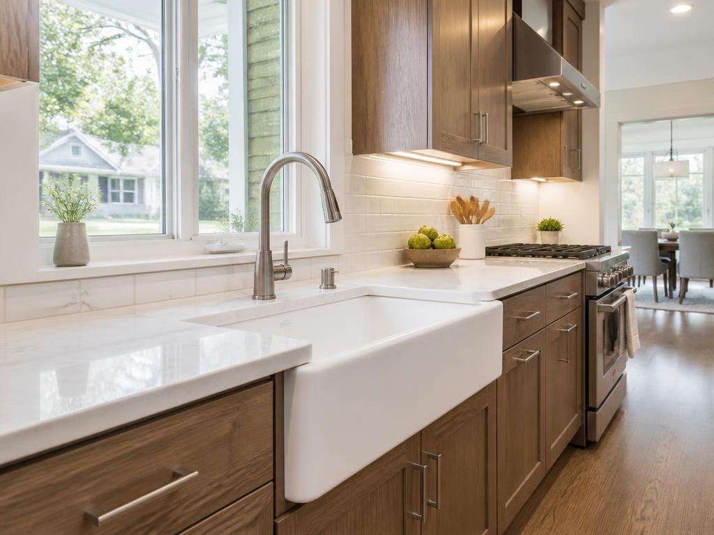 Modern kitchen remodel with new sink and plumbing fixtures